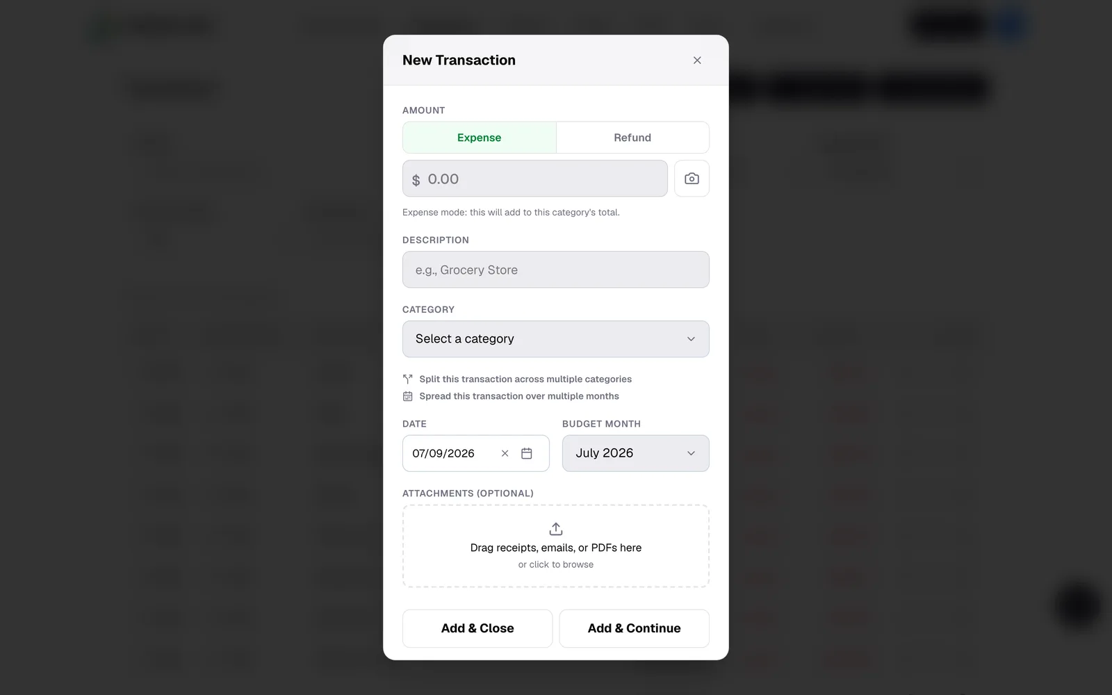 New Transaction modal with amount, description, category, split-across-categories option, and receipt drag-and-drop