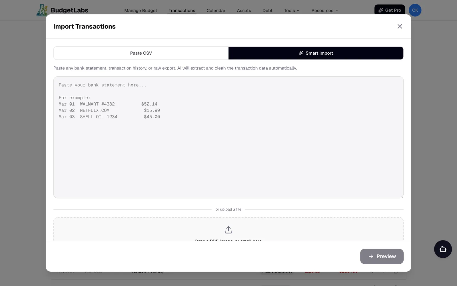 Smart Import modal: paste any bank statement and the AI extracts and cleans the transaction data for review